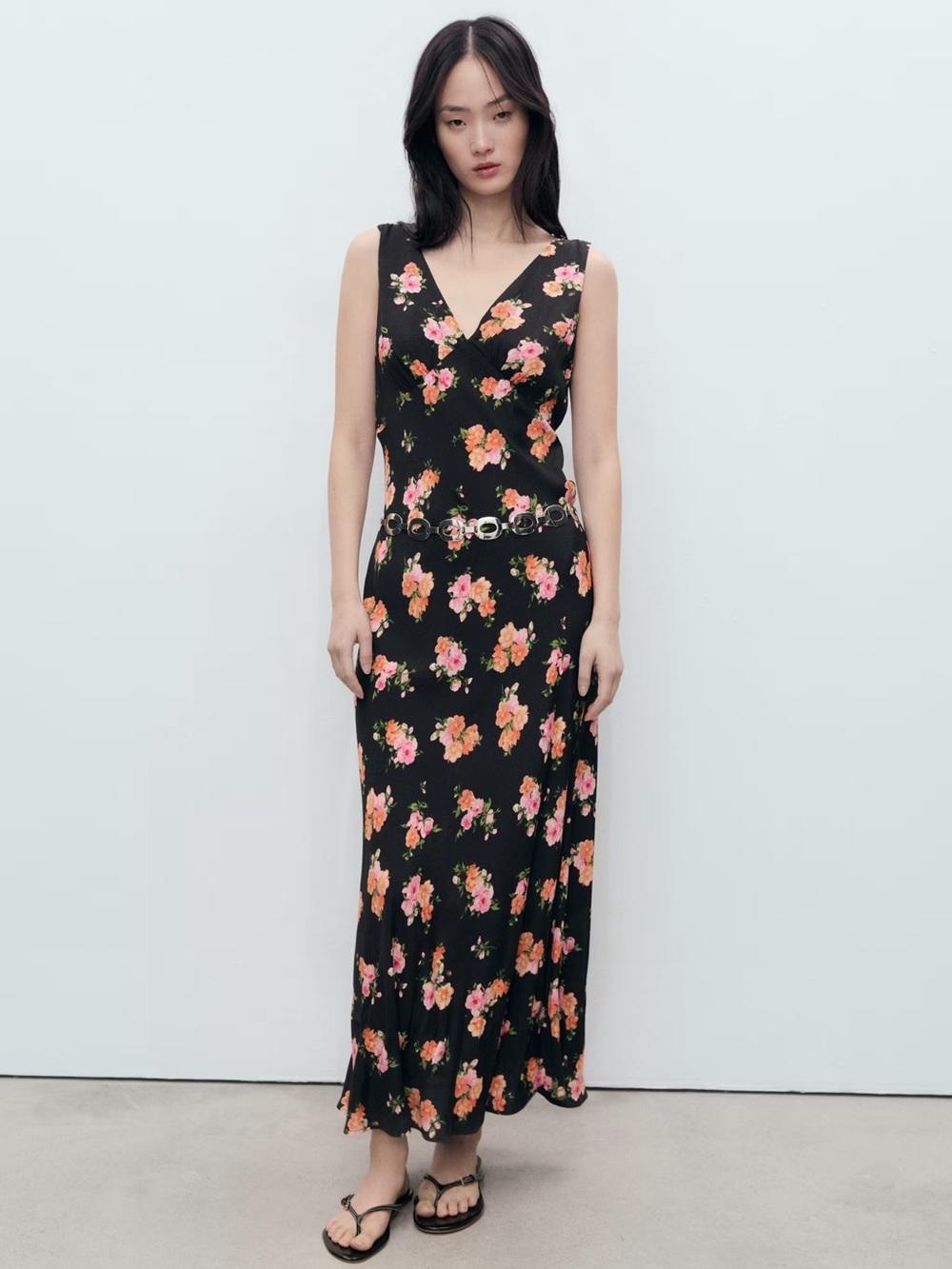 Mango Black long floral dress NWT